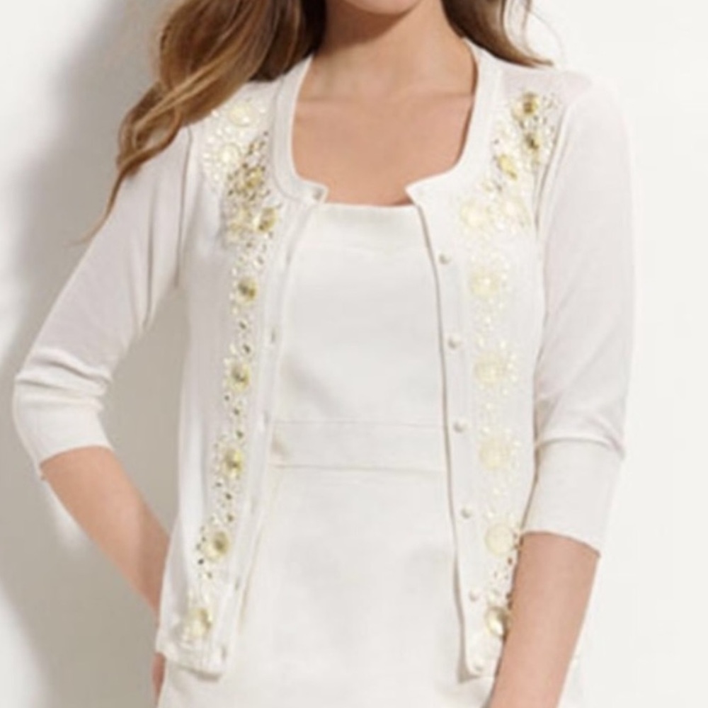Kate Spade Kati Caridgan 3/4” Sleeve White & Yellow Size S